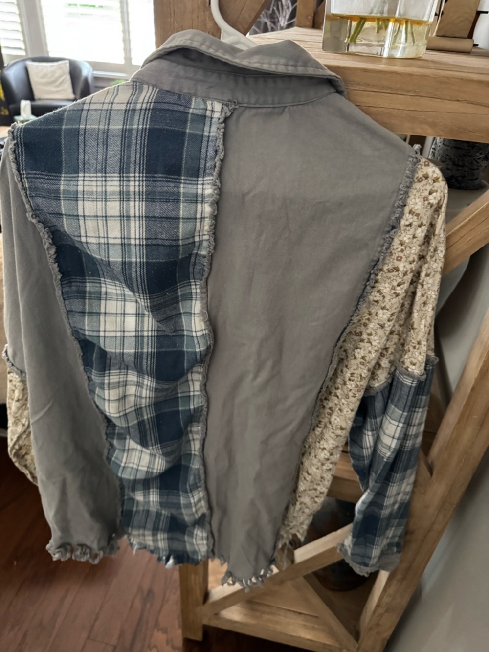 Blue Velvet brand Patchwork Button-Up Shirt Jacket in Light Gray and Blue. - Picture 2 of 3